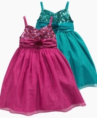 She'll be the center of attention in this sequin flower dress from Princess Faith, a style that's sure to make her smile sparkle. She'll be the center of attention in this sequin flower dress from Princess Faith, a style that's sure to make her smile sparkle.