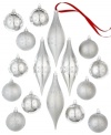 Silver lining. Add an elegant touch to your tree this season with this set of 16 Holiday Lane ornaments, featuring matte and shiny finishes with silver glitter snowflake designs.