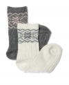 Let it snow. You'll be cozy in these cable knit angora socks from Lauren Ralph Lauren.  Rendered in warm wool and real rabbit hair, they feature cheery snowflakes with hint of shimmer.