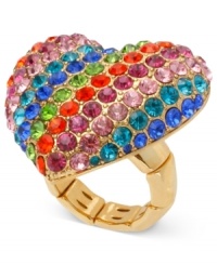 Make a colorful statement with this stretch ring from Betsey Johnson. Crafted from gold-tone mixed metal, the ring features a full spectrum of rainbow-colored glass crystal accents for a vibrant touch. Make a colorful statement with this stretch ring from Betsey Johnson. Crafted from gold-tone mixed metal, the ring features a full spectrum of rainbow-colored glass crystal accents for a vibrant touch.
