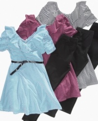 She can dress up her fall looks with one of these belted stripe dresses from Epic Threads, paired with a comfy set of matching leggings. She can dress up her fall looks with one of these belted stripe dresses from Epic Threads, paired with a comfy set of matching leggings.