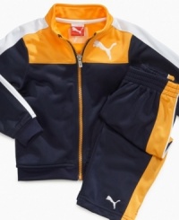 The high-performance tricot material on this track jacket and pants set from Puma ensures your little one's outfit keeps cute through multiple washes. The high-performance tricot material on this track jacket and pants set from Puma ensures your little one's outfit keeps cute through multiple washes.
