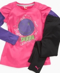 Keep her happy in this comfortable and cute faux-layered shirt and pant set from Puma. Keep her happy in this comfortable and cute faux-layered shirt and pant set from Puma.