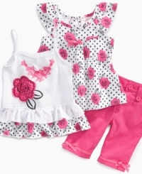Pluck out a lovely look. She'll look precious in this cute combination, with a sleeveless top, ruffle-sleeve shirt and pants set from Nannette. Pluck out a lovely look. She'll look precious in this cute combination, with a sleeveless top, ruffle-sleeve shirt and pants set from Nannette.