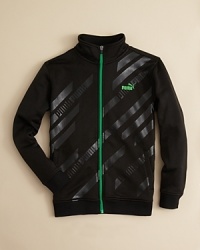 A very modern look from PUMA, this breathable track jacket is tricked out with tonal, reflective prints across the front panel. A very modern look from PUMA, this breathable track jacket is tricked out with tonal, reflective prints across the front panel.