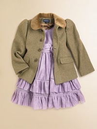 A velvet collar and tailored silhouette give a timeless heritage-inspired style to a warm wool tweed jacket.Velvet Peter Pan collarLong sleevesButton-frontFlap welt pocketsAdjustable back button tabFully lined80% wool/20% polyesterDry cleanImported Please note: Number of buttons may vary depending on size ordered. A velvet collar and tailored silhouette give a timeless heritage-inspired style to a warm wool tweed jacket.Velvet Peter Pan collarLong sleevesButton-frontFlap welt pocketsAdjustable back button tabFully lined80% wool/20% polyesterDry cleanImported Please note: Number of buttons may vary depending on size ordered.
