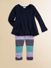 Glittery sparkles add an extra dose of glam to this two-piece set with colorful stripes and a playful ruffle hem. CrewneckLong sleevesPullover styleRuffle hemElastic waistbandRuching at leg openingsBody: rayon/lurexTrim: modal/cottonMachine washImported Glittery sparkles add an extra dose of glam to this two-piece set with colorful stripes and a playful ruffle hem. CrewneckLong sleevesPullover styleRuffle hemElastic waistbandRuching at leg openingsBody: rayon/lurexTrim: modal/cottonMachine washImported