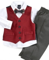 This snazzy 3 piece velvet vest set from Nautica gives him sharp style for any special occasion. This snazzy 3 piece velvet vest set from Nautica gives him sharp style for any special occasion.