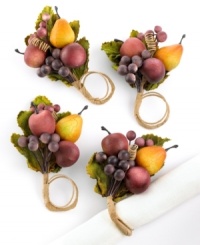 Like a fine wine, Napa napkin rings enhance traditional tables with rich fruit and floral notes. An antique finish preserves crabapples, grapes and pears for holiday dinners and elegant entertaining. Like a fine wine, Napa napkin rings enhance traditional tables with rich fruit and floral notes. An antique finish preserves crabapples, grapes and pears for holiday dinners and elegant entertaining.