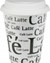 Konitz 12-Ounce Cafe Latte Writing On White Travel Mugs with Silicon Lid, White/Black, Set of 4