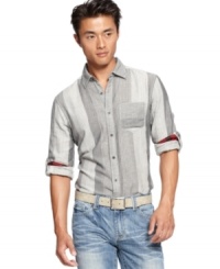 Elbow patches and a mixed striped pattern give this INC International Concepts button down shirt a handsome personality. Elbow patches and a mixed striped pattern give this INC International Concepts button down shirt a handsome personality.