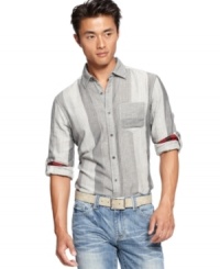 Elbow patches and a mixed striped pattern give this INC International Concepts button down shirt  a handsome personality.