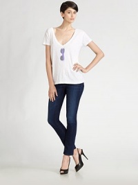 Super skinny five-pocket denim in a sophisticated wash that's versatile for day or night.THE FITCigarette-leg Rise, about 7 Inseam, about 30THE DETAILSZip fly Signature stitching on back pockets 30% cotton/ 45% rayon/ 25% polyester Made in USA Super skinny five-pocket denim in a sophisticated wash that's versatile for day or night.THE FITCigarette-leg Rise, about 7 Inseam, about 30THE DETAILSZip fly Signature stitching on back pockets 30% cotton/ 45% rayon/ 25% polyester Made in USA
