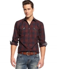 Urban cowboy style is a cinch thanks to INC International Concepts' plaid button-front shirt. Urban cowboy style is a cinch thanks to INC International Concepts' plaid button-front shirt.
