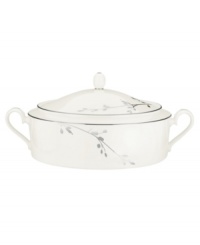 Birch branches grow around this pure white porcelain covered vegetable bowl, turning formal tables into serene landscapes. A contemporary design refined in polished platinum with a breezy, all-natural beauty. With double handles and an ornamented lid. From Noritake's collection of serveware and serving dishes. Birch branches grow around this pure white porcelain covered vegetable bowl, turning formal tables into serene landscapes. A contemporary design refined in polished platinum with a breezy, all-natural beauty. With double handles and an ornamented lid. From Noritake's collection of serveware and serving dishes.