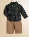 A handsome plaid shirt and a pair of soft cotton pants with a complementary belt create a classic combination for your baby boy's outings. Shirt Button-down collarLong sleeves with button-barrel cuffsButton-frontShirttail hem Corduroy pants Button closureRear elasticized waistband with belt loopsZip flyVertical welt pocketsButton-flap patch pocketCottonMachine washImported Please note: Number of buttons may vary depending on size