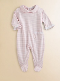 This precious one-piece is crafted in plush pima cotton and adorned with ruffles and stripes for sweet baby style.Peter Pan collarLong sleeves with ruffle cuffsPatch pocketBack snapsBottom snapsPima cottonMachine washImported Please note: Number of snaps may vary depending on size ordered. This precious one-piece is crafted in plush pima cotton and adorned with ruffles and stripes for sweet baby style.Peter Pan collarLong sleeves with ruffle cuffsPatch pocketBack snapsBottom snapsPima cottonMachine washImported Please note: Number of snaps may vary depending on size ordered.
