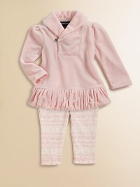 An essential soft velour set includes a shawl-collar tunic and a Nordic-inspired printed legging for a timeless heritage look and extra warmth. Tunic Shawl collarLong sleevesSingle crystal buttonRuffled hem Leggings Elastic waistbandTapered legCottonMachine washImported Please note: number of buttons may vary depending on size ordered. An essential soft velour set includes a shawl-collar tunic and a Nordic-inspired printed legging for a timeless heritage look and extra warmth. Tunic Shawl collarLong sleevesSingle crystal buttonRuffled hem Leggings Elastic waistbandTapered legCottonMachine washImported Please note: number of buttons may vary depending on size ordered.