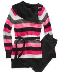 She'll look like little miss style in this contemporary striped sweater dress and leggings set by Planet Gold. She'll look like little miss style in this contemporary striped sweater dress and leggings set by Planet Gold.