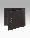 Nylon billfold with leather trim and signature triangle enamel logo. Double billfold w/eight credit card slots 4½W X 3¾H Made in Italy 