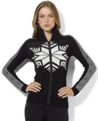 An intarsia-knit snowflake pattern enlivens Lauren Ralph Lauren's soft knit cotton sweater crafted in a sleek full-zip silhouette. An intarsia-knit snowflake pattern enlivens Lauren Ralph Lauren's soft knit cotton sweater crafted in a sleek full-zip silhouette.
