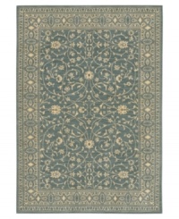 Cool and cordial, this sweet Karastan area rug welcomes you to the most comfortable spot in your home. A lane-blue ground is trimmed with soft beige patterns in a pleasing design inspired by antique English manor house rugs. Wool construction with cotton foundation for added strength and softness. Cool and cordial, this sweet Karastan area rug welcomes you to the most comfortable spot in your home. A lane-blue ground is trimmed with soft beige patterns in a pleasing design inspired by antique English manor house rugs. Wool construction with cotton foundation for added strength and softness.