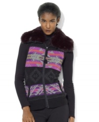 Rendered in a vibrant Fair Isle pattern, Lauren Ralph Lauren's cozy sweater vest is finished with luxe faux fur at the collar. Rendered in a vibrant Fair Isle pattern, Lauren Ralph Lauren's cozy sweater vest is finished with luxe faux fur at the collar.
