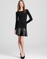 Endlessly chic, this Sachin + Babi ponte dress features a drop-waist with ruffled leather skirt-a modern take on evening dressing that easily works for an art gallery opening, museum dinner or evening at the opera. Endlessly chic, this Sachin + Babi ponte dress features a drop-waist with ruffled leather skirt-a modern take on evening dressing that easily works for an art gallery opening, museum dinner or evening at the opera.