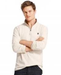 Pull on this quarter-zip sweater from Izod for a warm look for when the temperature drops. Pull on this quarter-zip sweater from Izod for a warm look for when the temperature drops.