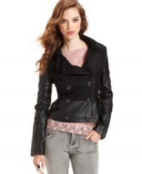 A cozy wool blend and faux leather panels create this edgy jacket from Bar III. It's perfect with skinny jeans and a lace tee or with a dress! A cozy wool blend and faux leather panels create this edgy jacket from Bar III. It's perfect with skinny jeans and a lace tee or with a dress!