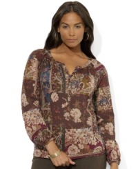 Antiqued brass buttons lend romantic flair to Lauren Ralph Lauren's light and airy cotton jersey plus size peasant top. Antiqued brass buttons lend romantic flair to Lauren Ralph Lauren's light and airy cotton jersey plus size peasant top.