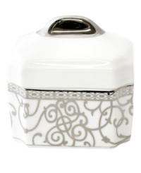 Intricate trim and scrolling vines in sparkling platinum make the Cru Athena sugar bowl a fine-dining sensation and, in dishwasher-safe porcelain, a dream for after dinner as well. Featuring an old-world silhouette for undeniable grandeur. Intricate trim and scrolling vines in sparkling platinum make the Cru Athena sugar bowl a fine-dining sensation and, in dishwasher-safe porcelain, a dream for after dinner as well. Featuring an old-world silhouette for undeniable grandeur.