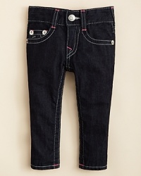 True Religion renders your baby girl's jean with a signature style, featuring heavy topstitching and back flap pockets with horseshoe embroidery detail. True Religion renders your baby girl's jean with a signature style, featuring heavy topstitching and back flap pockets with horseshoe embroidery detail.