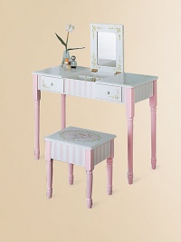 From the Bouquet Collection. A delightful addition to your little girl's room, this hand-painted vanity table and stool will inspire hours of imaginative play.Fold-down mirror with compartments Two drawers Vanity: 34½W X 25½H X 15D Stool: 15W X 12H X 14¼D Constructed of MDF Imported Recommended for ages 3 and up Please note: Some assembly may be required. 