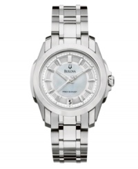 Heavy steel links and a sparse dial combine for a minimalist design by Bulova. A Precisionist collection watch, the continuously sweeping second hand keeps time accurate to ten seconds a year. Round stainless steel case and bracelet. White mother-of-pearl dial with applied index features luminous hands, silvertone stick indices, date window at six o'clock and logo. Quartz movement. Water resistant to 30 meters. Three-year limited warranty. Heavy steel links and a sparse dial combine for a minimalist design by Bulova. A Precisionist collection watch, the continuously sweeping second hand keeps time accurate to ten seconds a year. Round stainless steel case and bracelet. White mother-of-pearl dial with applied index features luminous hands, silvertone stick indices, date window at six o'clock and logo. Quartz movement. Water resistant to 30 meters. Three-year limited warranty.
