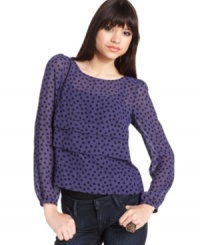 Dotted chiffon tiers add a relaxed femme look to this BCBGeneration sheer blouse -- perfectly paired with the season's skinny jeans! Dotted chiffon tiers add a relaxed femme look to this BCBGeneration sheer blouse -- perfectly paired with the season's skinny jeans!