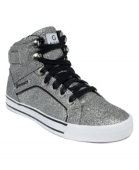 Sporty shimmer never looked so good. G by GUESS' Opall2 Hi Top sneakers feature a glitter upper and contrasting lace-up vamp. Sporty shimmer never looked so good. G by GUESS' Opall2 Hi Top sneakers feature a glitter upper and contrasting lace-up vamp.