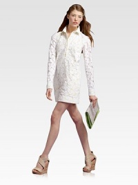 Gorgeous floral lace romances this kicky button-down shift tailored for a lean, feminine fit.Point collarConcealed snap buttonsLong sleeves with button cuffsBack shoulder yokeContrast lining peeks out from laceAbout about 16 from natural waist76% nylon/24% polyesterDry cleanImportedModel shown is 5'10 (177cm) wearing US size 4.OUR FIT MODEL RECOMMENDS ordering true size. Gorgeous floral lace romances this kicky button-down shift tailored for a lean, feminine fit.Point collarConcealed snap buttonsLong sleeves with button cuffsBack shoulder yokeContrast lining peeks out from laceAbout about 16 from natural waist76% nylon/24% polyesterDry cleanImportedModel shown is 5'10 (177cm) wearing US size 4.OUR FIT MODEL RECOMMENDS ordering true size.