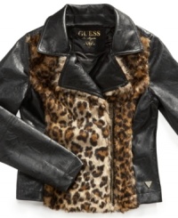Motorcycle chic with a bold leopard print. She'll make a fierce first impression with this faux-leather jacket from Guess. Motorcycle chic with a bold leopard print. She'll make a fierce first impression with this faux-leather jacket from Guess.
