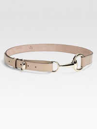 A stylish leather belt with light gold hardware and requisite horsebit buckle.About 1 wideMade in Italy 