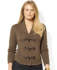 Knit in soft combed cotton, Lauren Ralph Lauren's heritage-inspired plus size cardigan is finished with a shawl collar and handsome fauxleather toggles at the placket Knit in soft combed cotton, Lauren Ralph Lauren's heritage-inspired plus size cardigan is finished with a shawl collar and handsome fauxleather toggles at the placket