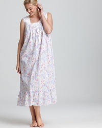 A colorful floral print lends charm to Eileen West's comfortable cotton ballet gown. A colorful floral print lends charm to Eileen West's comfortable cotton ballet gown.