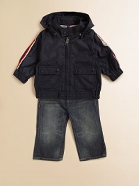 A great, takealong layer for lightweight protection from the elements, in sturdy nylon with sporty details.Snap-off hoodStand collar with snap tabFront zipperLong sleeves with racing stripes, appliqué logo and elastic cuffsFront patch snap flap pocketsWaistband with elasticized side insets and snap tabCotton-lined body, nylon-lined sleevesNylonMachine washImported A great, takealong layer for lightweight protection from the elements, in sturdy nylon with sporty details.Snap-off hoodStand collar with snap tabFront zipperLong sleeves with racing stripes, appliqué logo and elastic cuffsFront patch snap flap pocketsWaistband with elasticized side insets and snap tabCotton-lined body, nylon-lined sleevesNylonMachine washImported