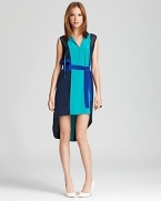 Articulated in supple silk and finished with a dramatic high/low hem, this BCBGMAXAZRIA dress nails the color-block trend to showstopping effect.