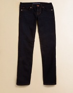 Gently faded slim leg jeans are comfortable stretch denim with whiskered details.Front zip and button closure Belt loops Classic five pocket style 92% cotton/7% polyester/1% spandex Machine wash Made in USA