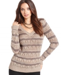 A hint of metallic adds shine to this GUESS striped & textured sweater -- perfect for everyday style! A hint of metallic adds shine to this GUESS striped & textured sweater -- perfect for everyday style!