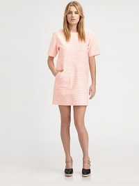 Soft pastel striping lends a touch of whimsy to to this easy cotton shift.Square necklineShort sleevesFlat frontSlash pocketsAbout 16 from natural waist75% cotton/23% polyester/2% spandexMachine washImportedModel shown is 5'10 (177cm) wearing US size Small. Soft pastel striping lends a touch of whimsy to to this easy cotton shift.Square necklineShort sleevesFlat frontSlash pocketsAbout 16 from natural waist75% cotton/23% polyester/2% spandexMachine washImportedModel shown is 5'10 (177cm) wearing US size Small.