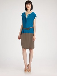This colorblocked silk shirtdress style is accented with a skinny leather belt.Jewel necklineCap sleevesConcealed button placketIncluded leather beltDrop waistVented hemlineAbout 25 from natural waist68% silk/32% acetateDry cleanImported of Italian fabricModel shown is 5'9 (175cm) wearing US size 4. This colorblocked silk shirtdress style is accented with a skinny leather belt.Jewel necklineCap sleevesConcealed button placketIncluded leather beltDrop waistVented hemlineAbout 25 from natural waist68% silk/32% acetateDry cleanImported of Italian fabricModel shown is 5'9 (175cm) wearing US size 4.