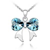 Contessa Bella Fancy Genuine 18k White Gold Plated Aqua Blue Swarovski Austrian Crystal Elements Princess Heart Ribbon Bow Women Charm Pendant Necklace Elegant Silver Color Crystal Jewelry