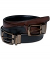 Complement your outfit with this 2-tone and reversible metal buckle belt by Geoffrey Beene.